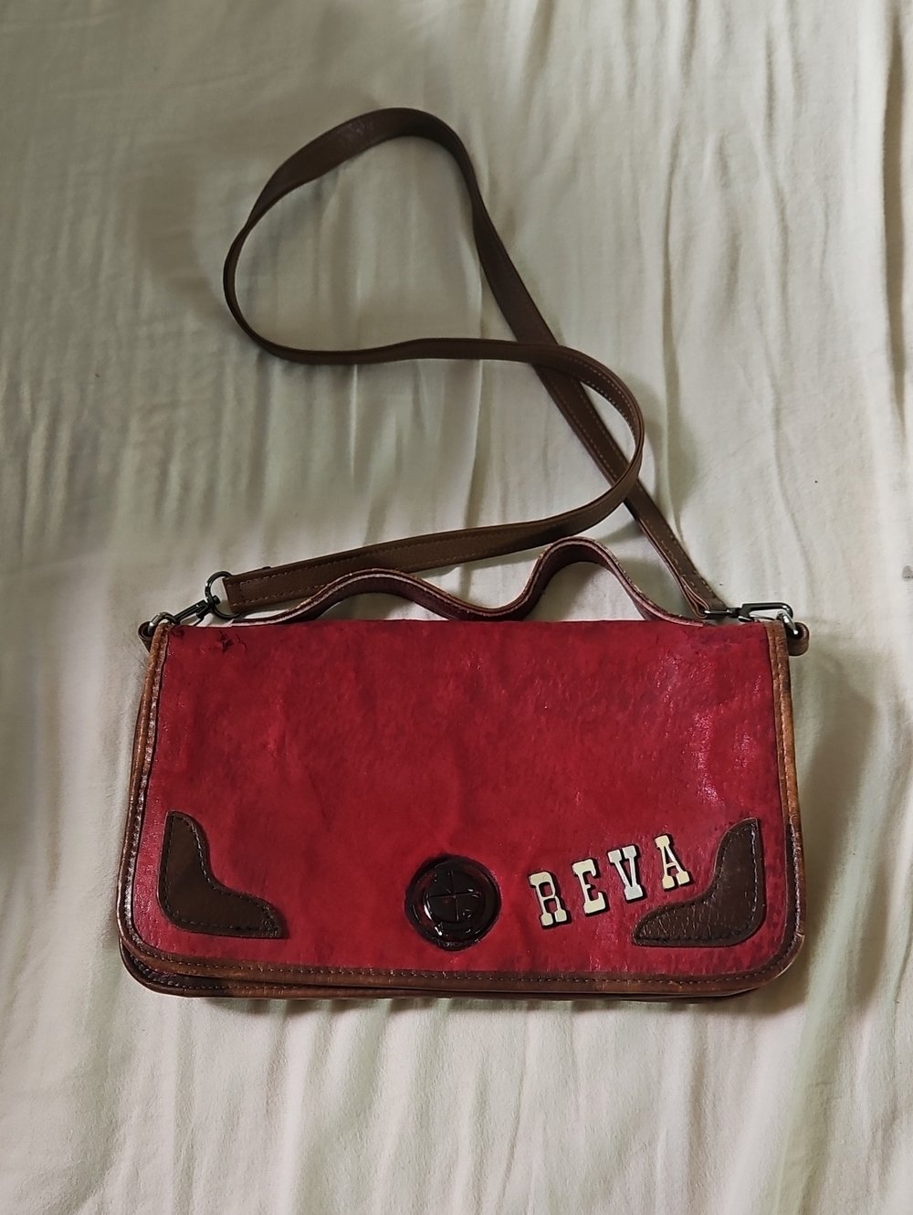 Red Leather Crossbody Bag with Brown Trim
